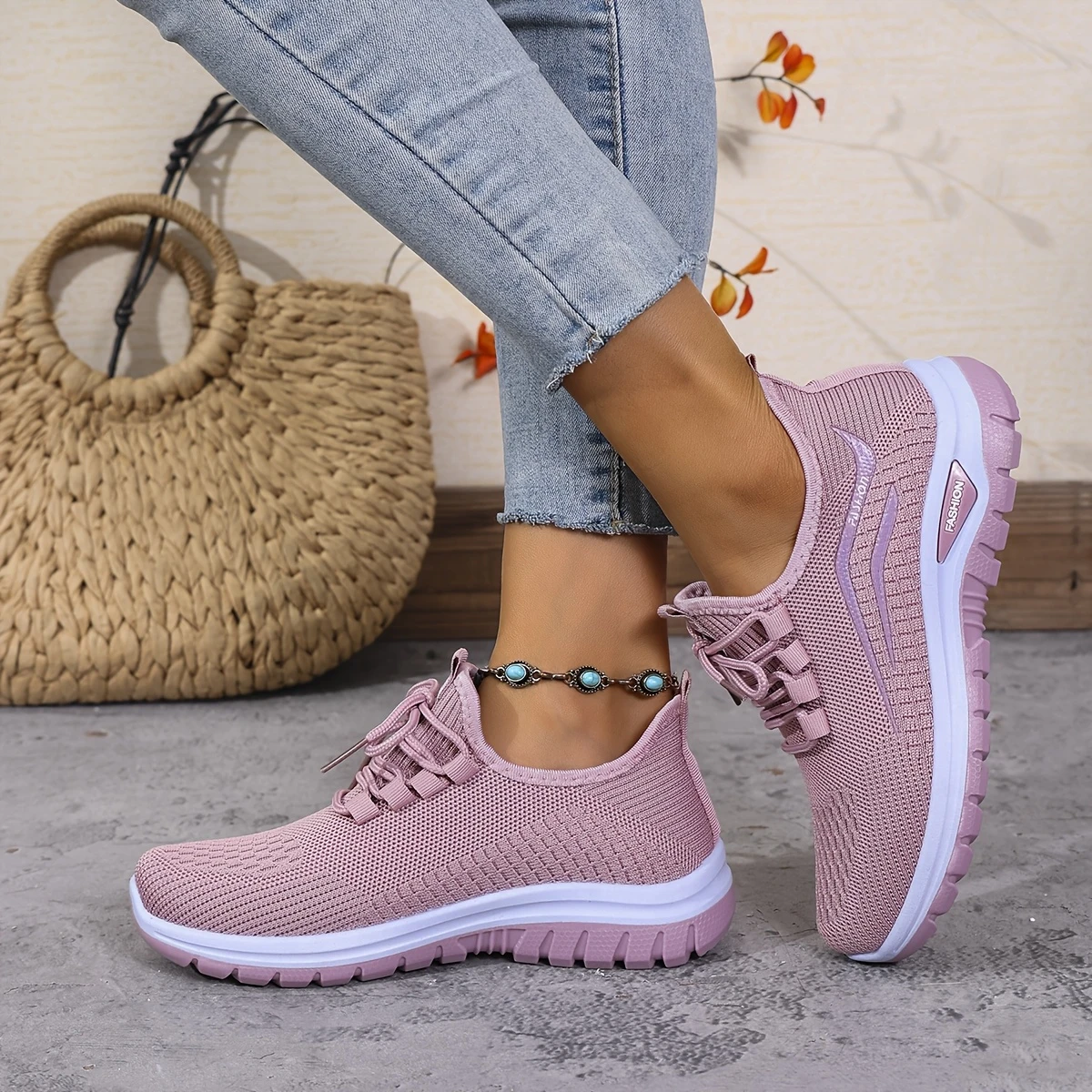 womens casual sports outdoor running walking daily commuting lace up patterned double layer easy on off knitted shoes details 9
