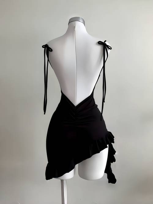 fashionable western womens summer bow camisole bodycon dress solid black short length hugging backless dress with irregular hem and detail