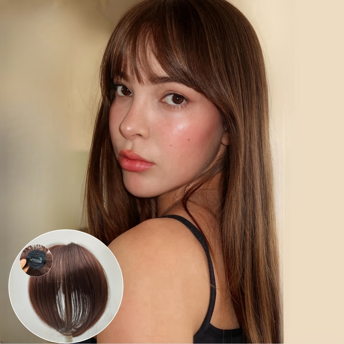 elegant 8 inch clip in hair topper with bangs for women natural looking straight synthetic hair extensions to cover thinning gray hair comfortable undetectable details 0