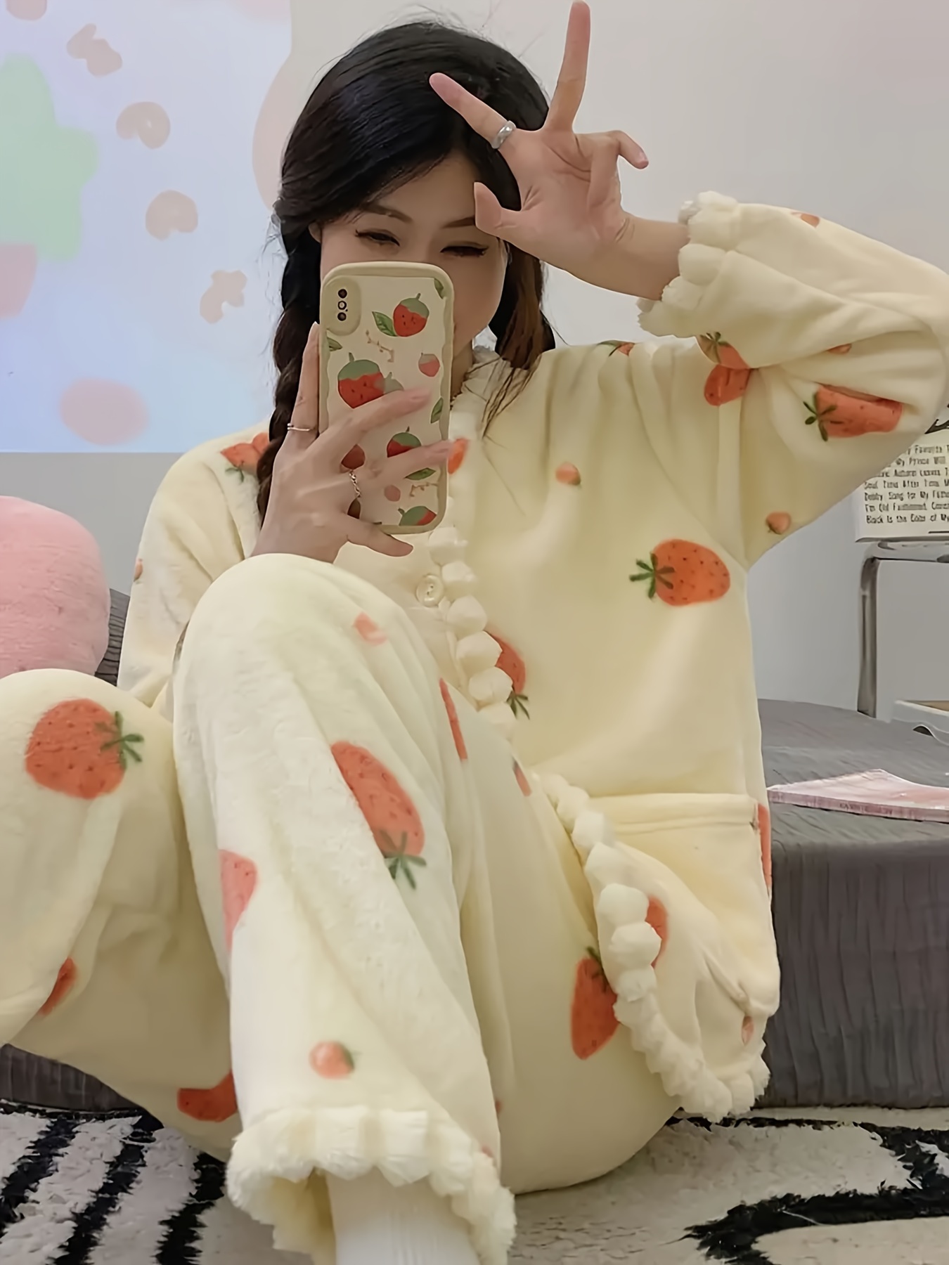 set pigiama donna in pile stampa top bottoni a Temu Italy