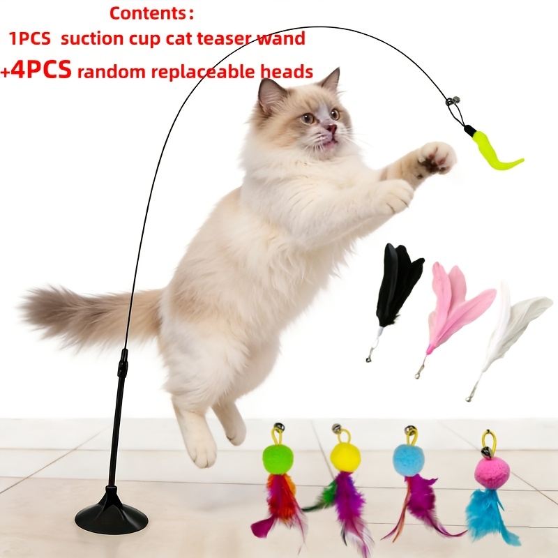 TEMU Interactive Suction Cup Cat Teaser Wand With Long Handle - Cat Toy, Includes Replaceable Artificial Feather Head , Replacement Head Color/style