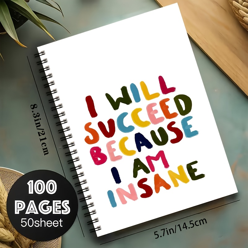 TEMU 1pc 2d Flat "i Will " Motivational Quote A5 Spiral Notebook, Black Spiral, Size 21×14.5cm, 24-hole Spiral Binding, 50 Sheets 100 Pages, Colorful