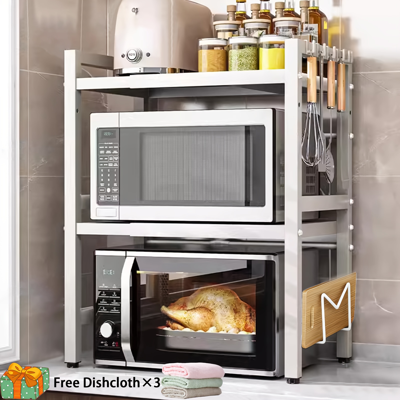 TEMU 2/3-tier Expandable Microwave Rack Heavy-duty Retractable Carbon Steel Microwave Shelf With 6 Hooks, Cutting Board Rack, Utensil Holder,