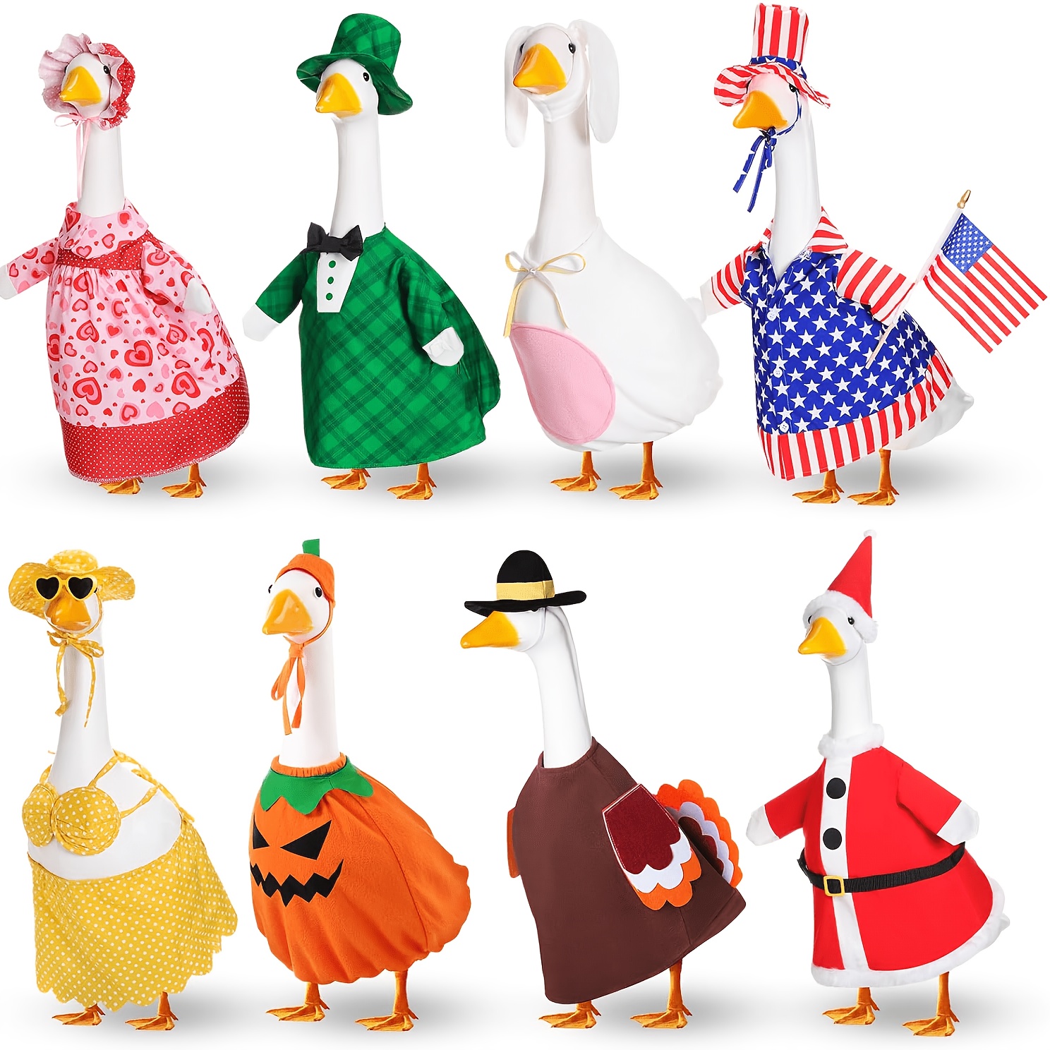 TEMU 8 Set Outdoor Statues Holiday Porch Goose Outfits Valentine Easter Summer Fall Halloween Christmas Lawn Porch Goose Clothing For Patio Yard Lawn