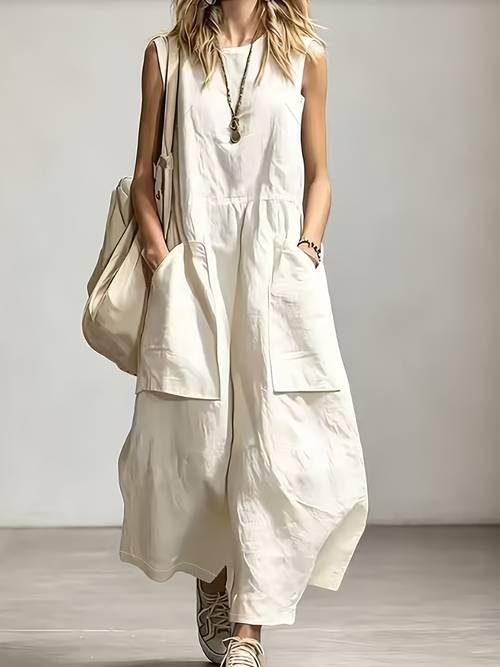 new cross border womens fashion elegant summer solid color sleeveless round neck wide leg jumpsuit