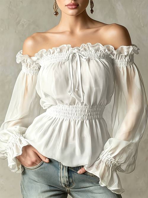 fashionable retro ruffle brown off shoulder womens chiffon shirt suitable for spring summer and autumn