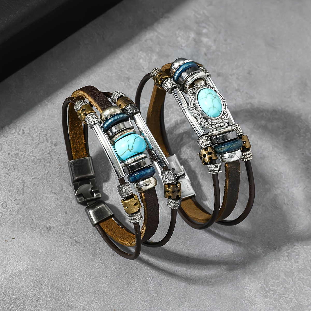 E-shop 2er-Set Mehrfarbiges handgefertigtes, geflochtenes Türkis-Kunstleder-Armband, Türkis-Form mit Metall, Retro-Design. Geeignet für den täglichen