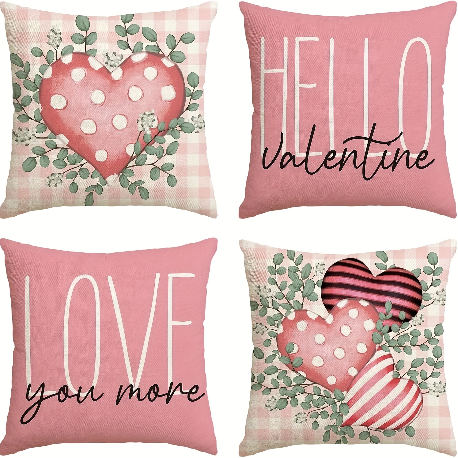 

4-pack Valentine's Day Pillow Covers, Contemporary Style, Pink Eucalyptus Leaf & Heart Print, 18x18 Inches, Machine Washable, Zippered Polyester Cushion Cases For Home/office Decor