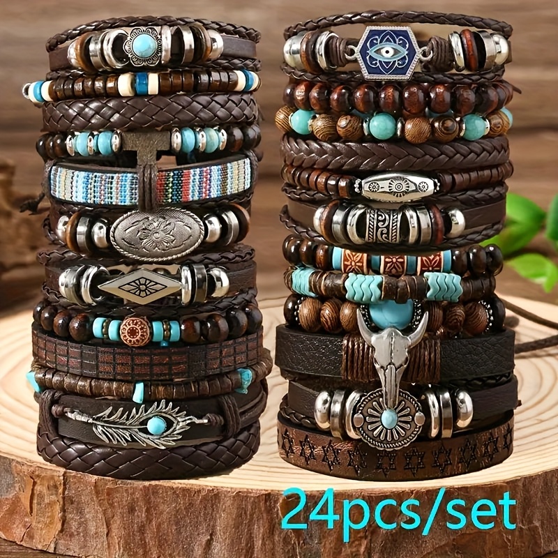 24pcs retro   turquoise   wood bead bracelet set brown faux leather with star feather pendants ideal gift for   occasion earth day mothers day campus event everyday bracelet retro style bracelet durable faux leather bracelet