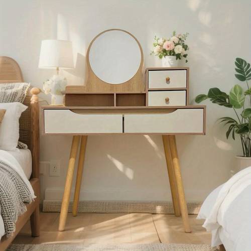 wooden vanity with mirror and drawers two drawers and light suitable for living room bedroom study and stylish and elegant ideal for spaces makeup table desk dressing table oak color