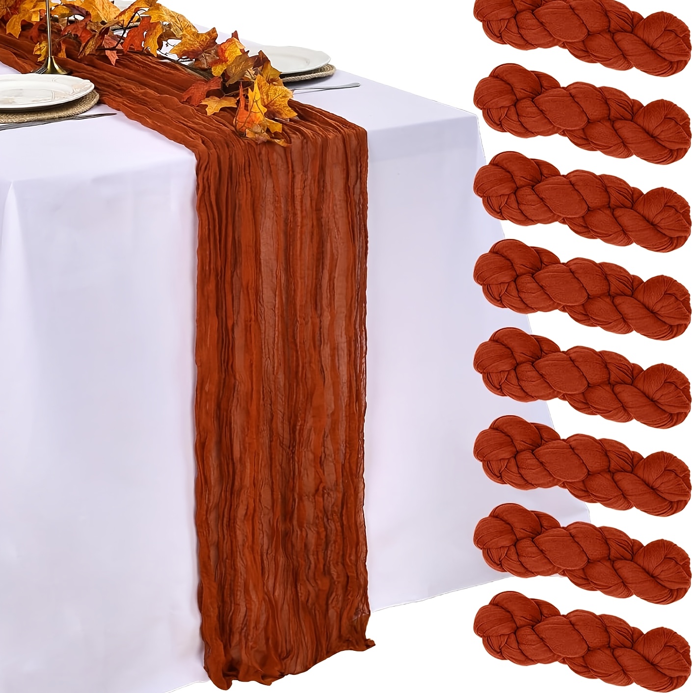 TEMU 8pcs Set Rust Red Table Runner, 1 Bohemian Style Gauze Fabric Pleated Table Runner, Vintage Semi-transparent, Suitable For Holidays, Christening