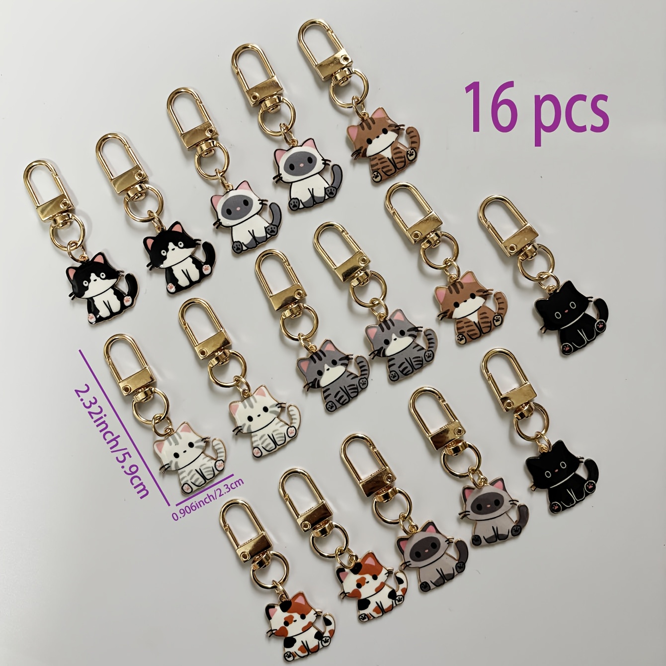 TEMU 16pcs Cute Cat Keychain Set, Animal Alloy Keychains, Creative Cartoon Animal Pendants, Women's Key Rings, Ladies' Keychains, Perfect Birthday
