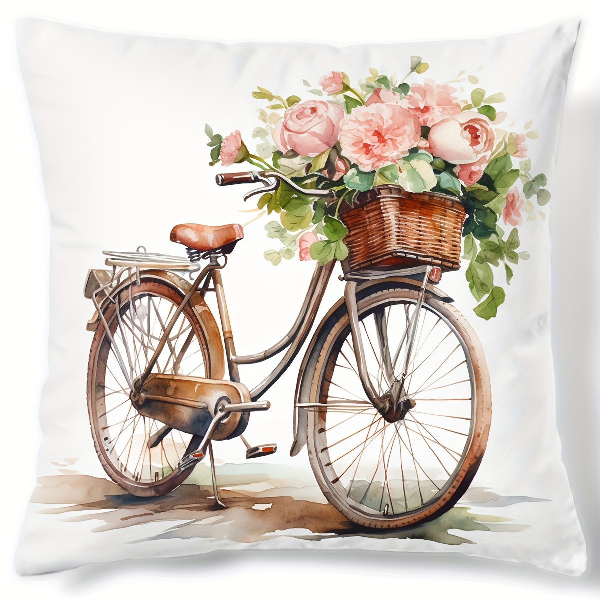 

1pc, Digital Printed Pillowcase With Bicycle Pattern And Floral Design