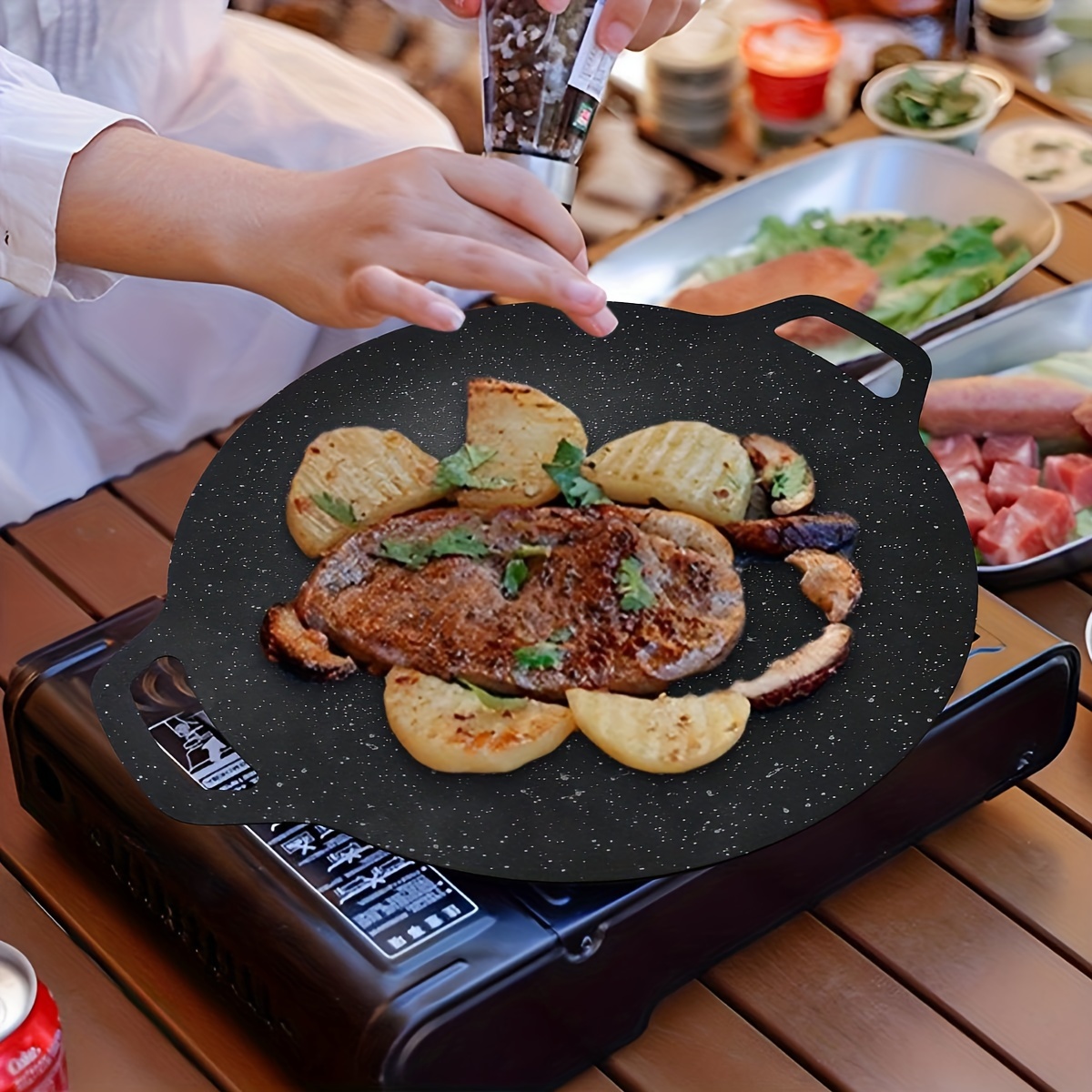 11 8 non stick cast iron bbq pan with dual handles   outdoor camping home use easy clean details 8