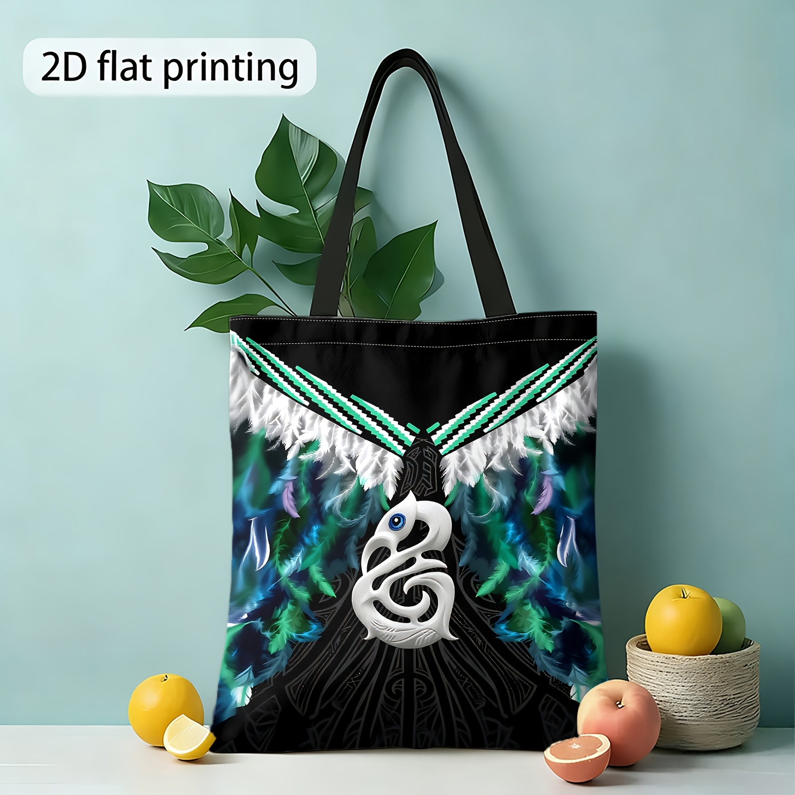 TEMU This 2d Printed Shoulder Bag Features A Design That Described As "maori-inspired" And "spiritual ." It Functions As A Shopping Bag And A Women's