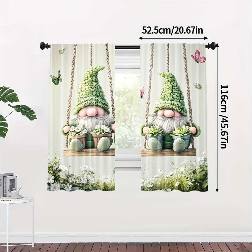 TEMU 2pcs Whimsical Gnome And Succulent Print Curtains, Durable Polyester, Light-filtering For Living Room, Kitchen, Bedroom, Dining Room Decor - Rod