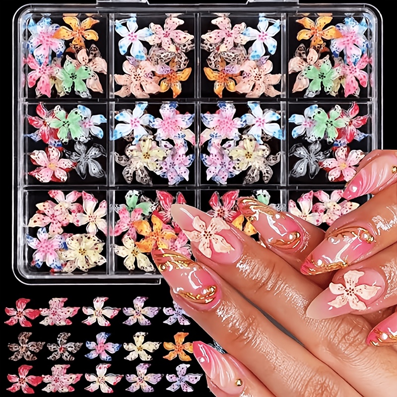 12-fach gemischte farben ice soft geformte lilienblüten-nagelkunst-dekorationen, 3d ins-style bunter leopardenmuster-fünfblütenblatt-blumen-diy-nageldekorationen