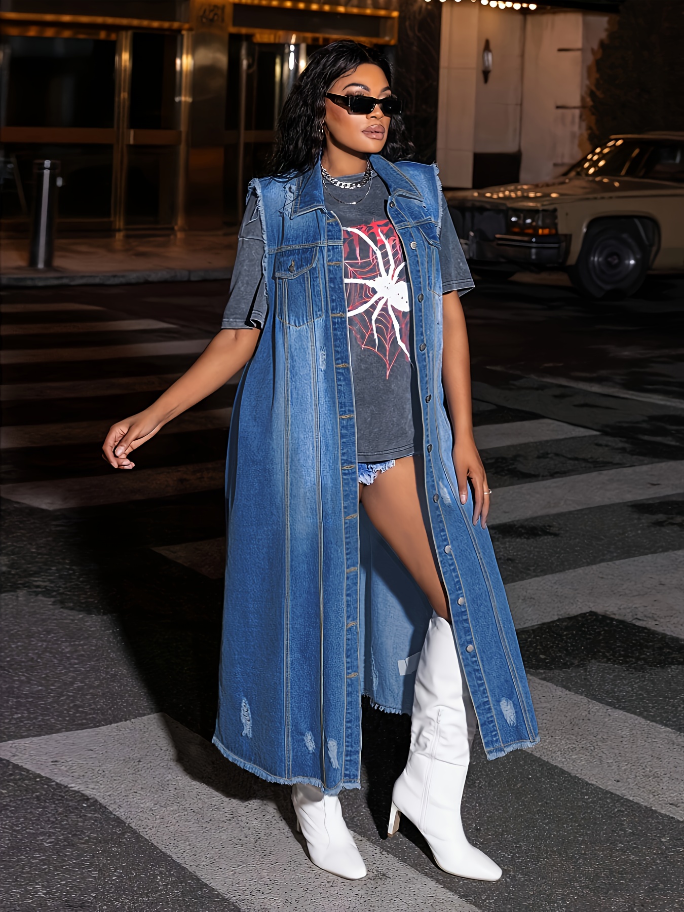 Plus Size Women's Oversized Denim Vest Streetwear Style Lapel Collar  Button Front Jacket, Machine Washable Casual Outerwear, Versatile Cl