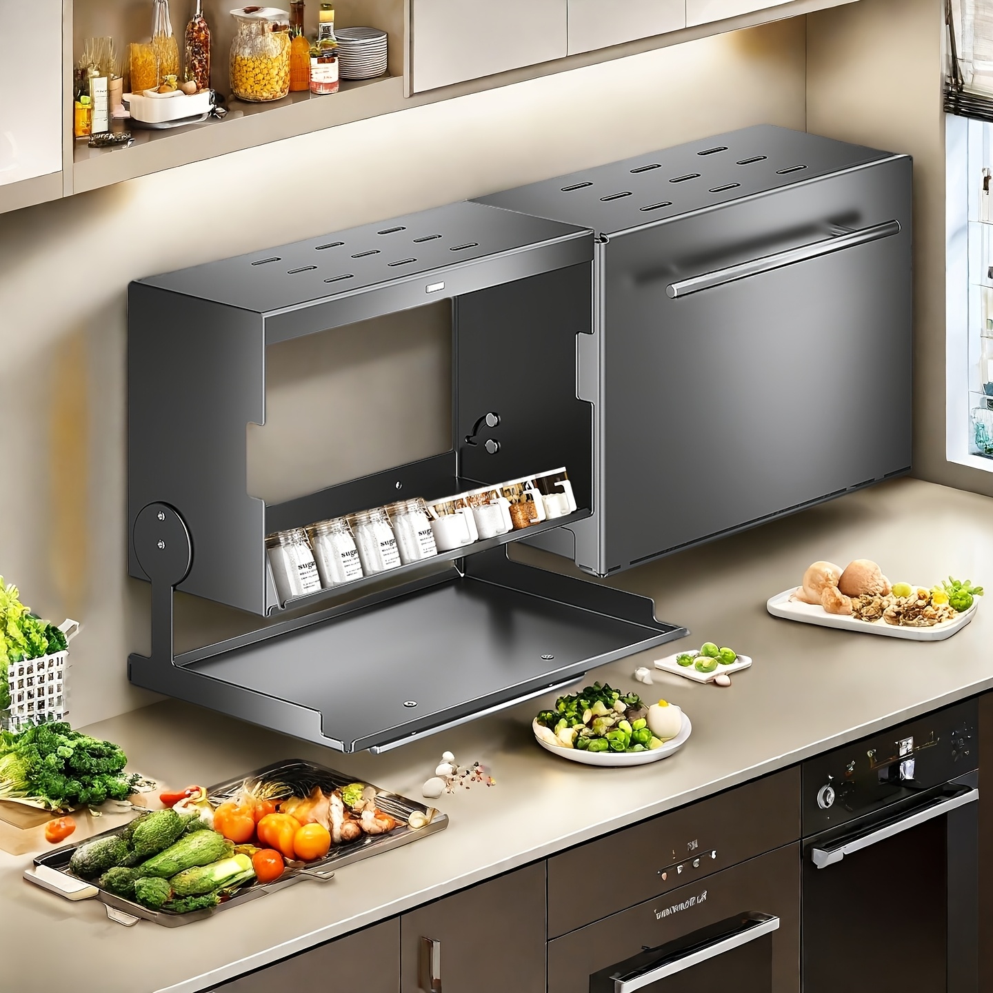 Wall-Mounted Kitchen Storage Cabinet with Pull-Down Double Layer Shelves - Carbon Steel Spice Rack Organizer, Space-Saving Clamshell Design for Utensils, Food Prep & Countertop Organization