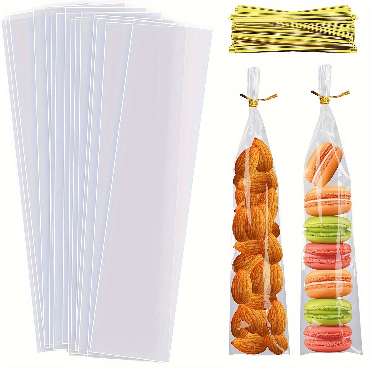 

100pcs Clear Cellophane Gift Bags With Golden Twist Ties - 2x10 Inch Long Strip Bags For Cookies, Candy, Snacks, Popcorn, And More - Holidays, Weddings, Birthdays, And Parties, Small Gift Bags