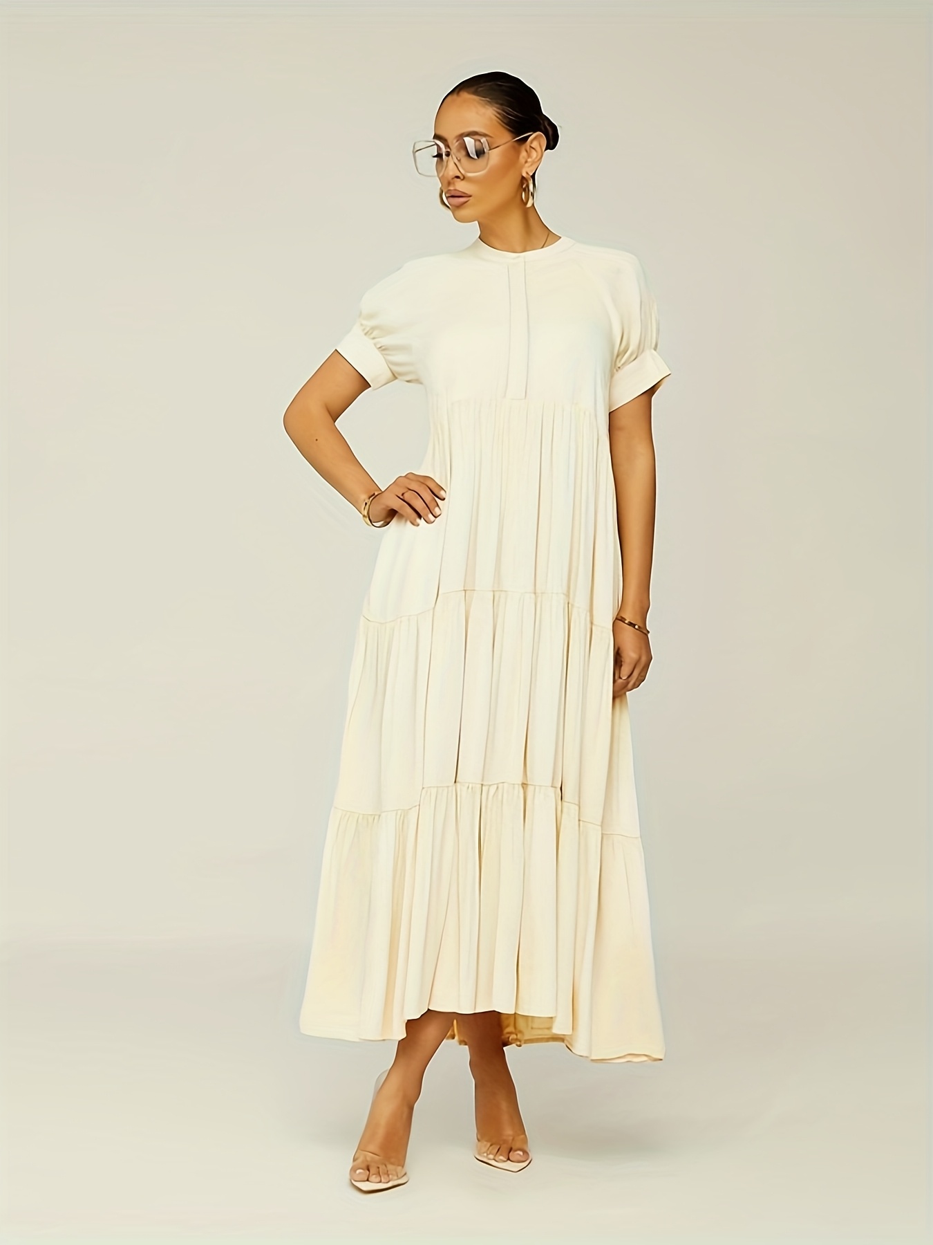 elegant green dress with frill detail loose fit sleeveless long length   spring summer fall casual to elegant attire casual attire frilled   texture 0
