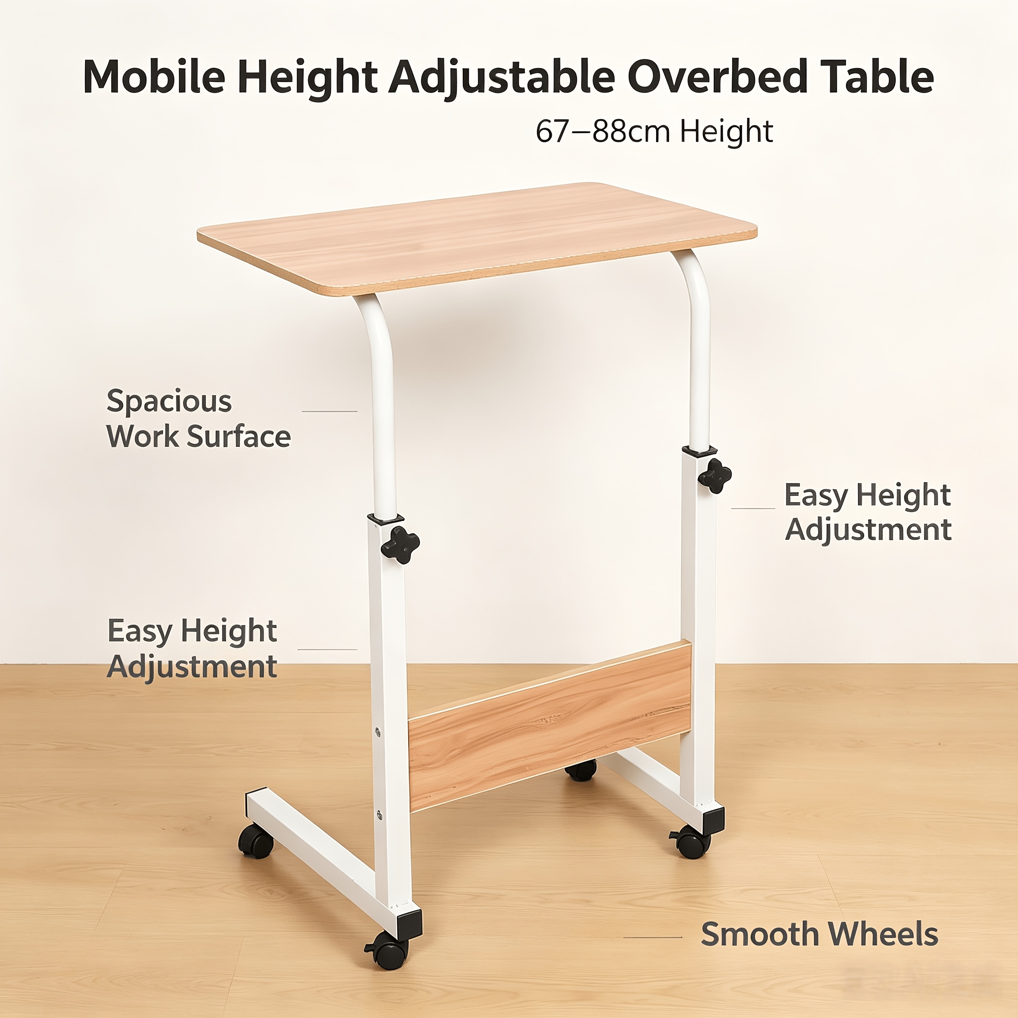 TEMU 2026 New 67 X 45cm Height Adjustable Overbed Table With Wheels, 67-88cm Rolling Mobile Laptop Desk, Multifunctional Bedside Side Table For