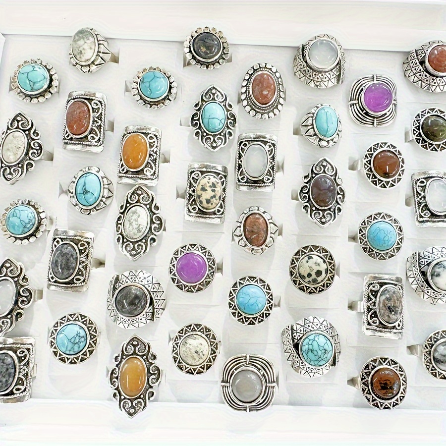 

10/50/100pcs Vintage Ring Set Inlaid Assorted Varieties Turquoise Natural Stone Mix And Match For Daily Outfits Party Accessories Open Adjustable Ring Bohemian Retro Geometry Style
