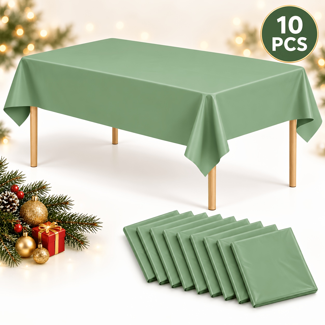 TEMU Lot de 10 nappes jetables en plastique vert sauge pour Noël, 54 X 72 pouces, couverture de table rectangulaire, idéales pour Noël, mariage, fête