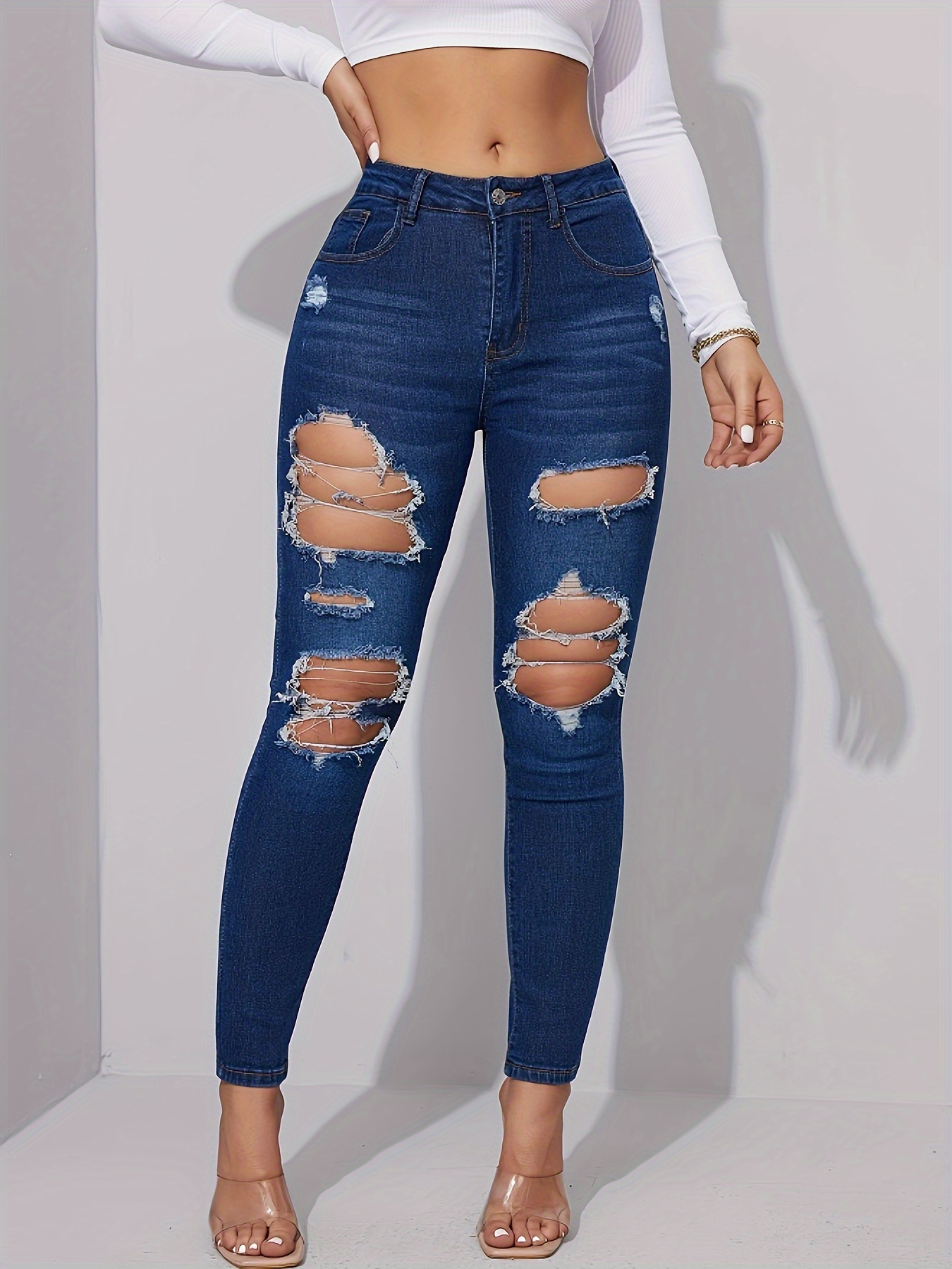 Plain Ripped Holes Skinny Jeans, Slim Fit Distressed Slight Stretch Ankle  Length Jeans, Women's Denim Jeans & Clothing