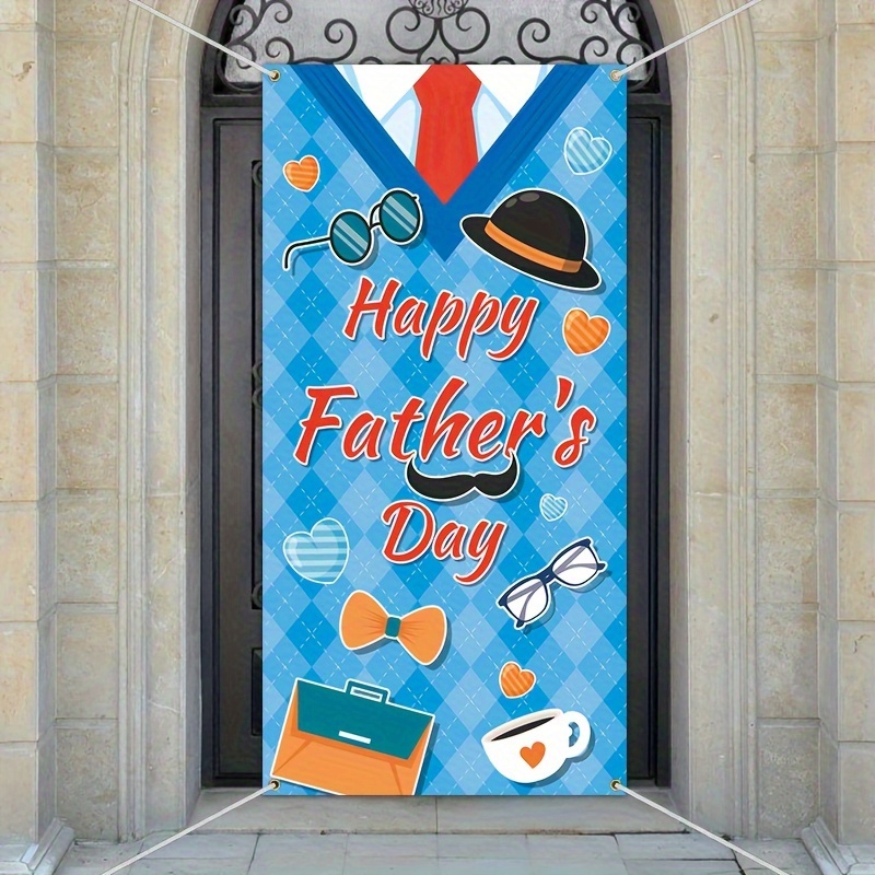Happy Fathers Day Banner 180x110 Cm – Vatertagsdekoration Als Fotohintergrund Mit Krawatte, Werkzeug & Hut-Motiven