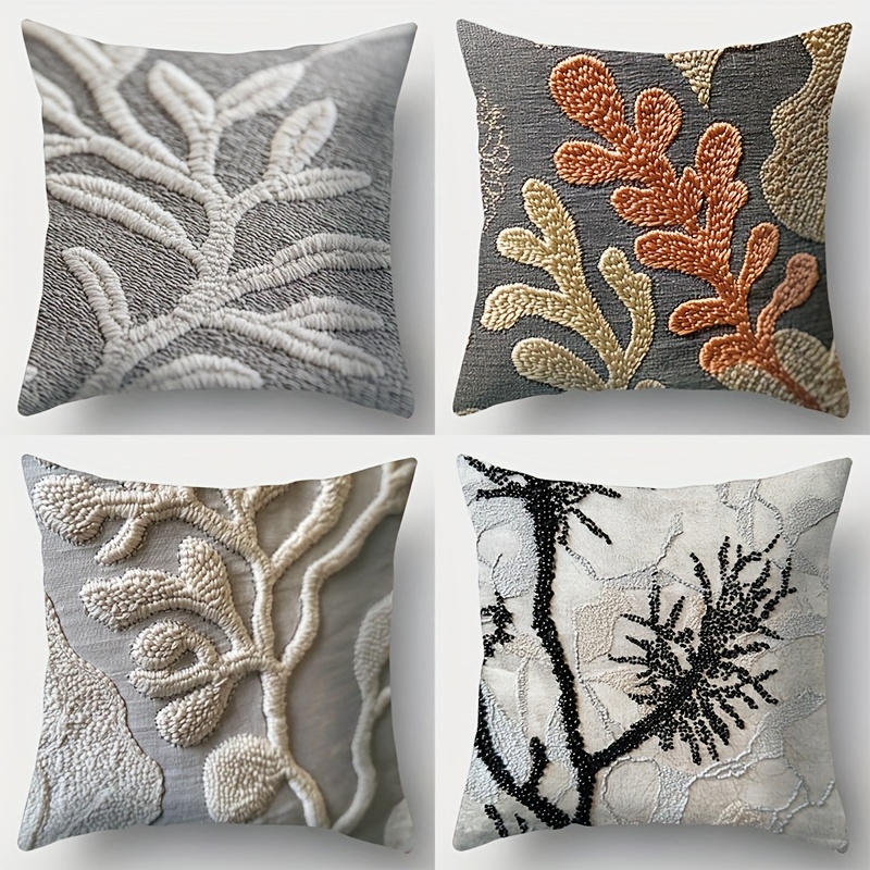 

4pcs Contemporary Embroidered Leaf Pattern Throw Pillow Covers, 17.7" X 17.7", Machine Washable, Zipper Closure, Woven Polyester, With Decorative Pillowcases For Living Room Sofa, No Insert Included