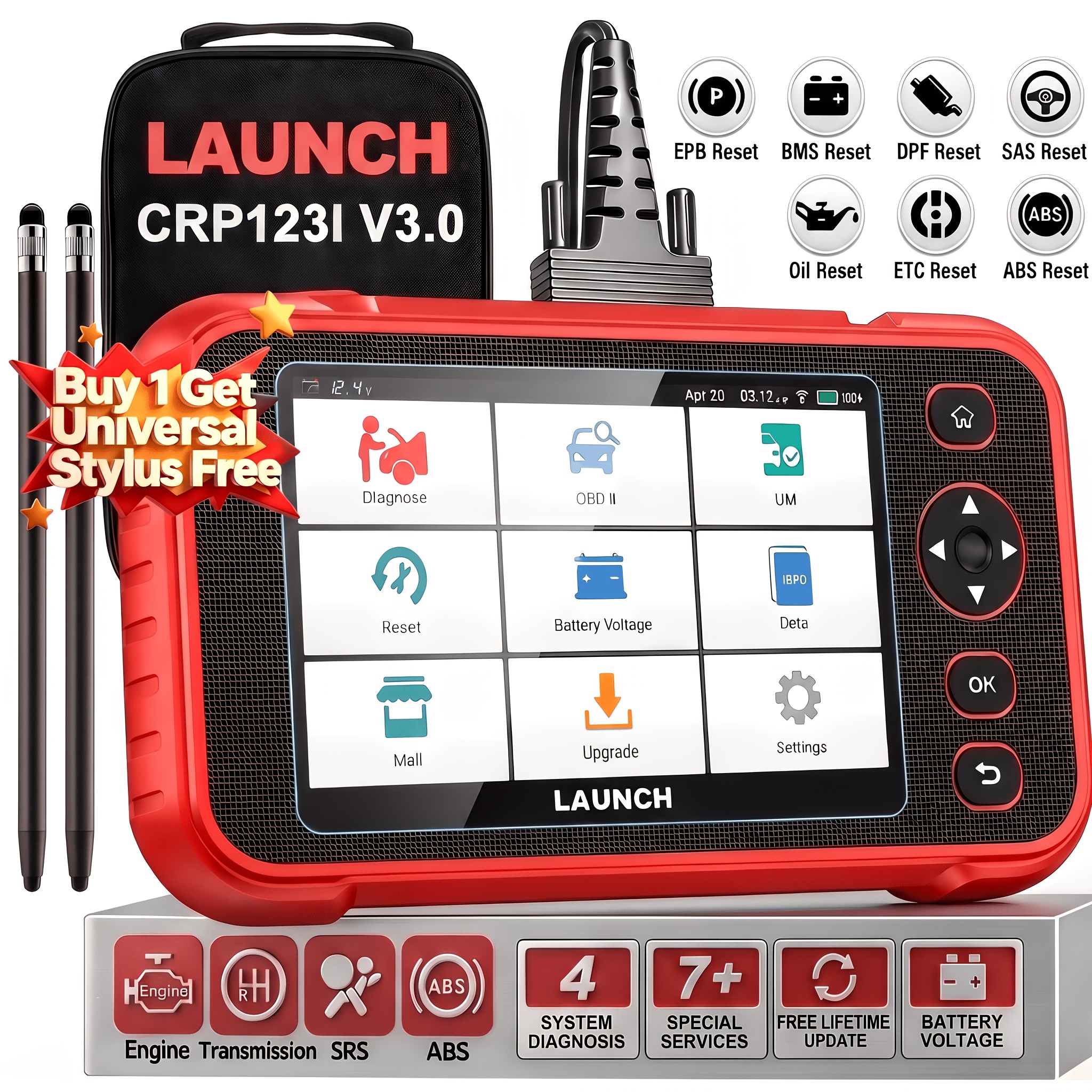 TEMU 2026 Upgrade Launch Crp123i V3.0 Elite Car Scanner & 2pcs Universal Stylus Kits, 7+key Reset+ (throttle/ Sas/ Abs/ Bms/ Dpf/ Epb/), Fca, ,