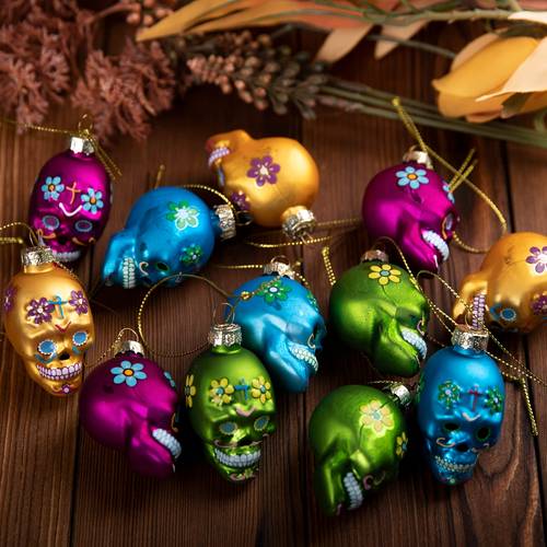 12pcs of the dead glass ornaments vibrant sugar skull decorations with floral patterns for halloween christmas tree and party decor durable hand painted design for dia de muertos and more halloween decorations