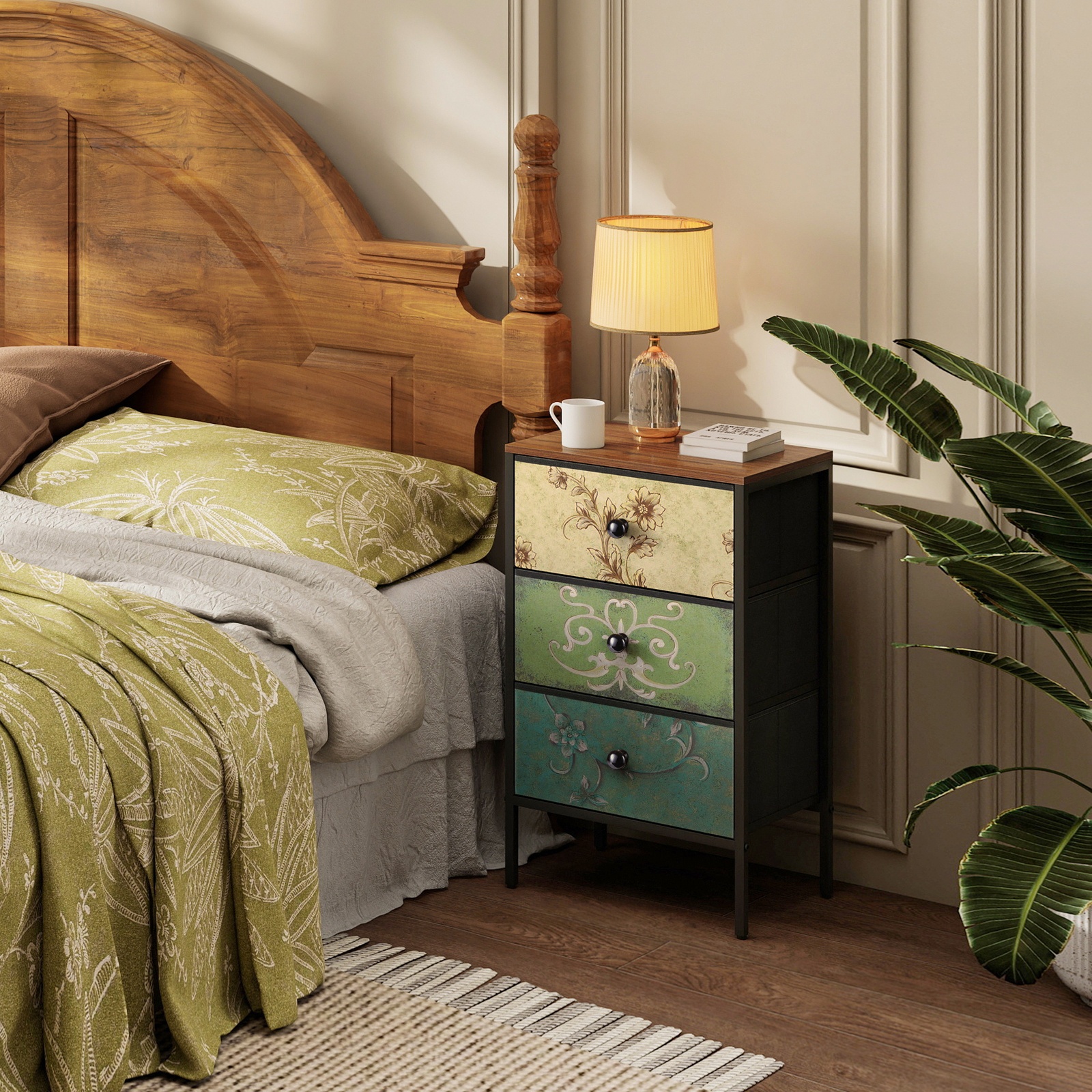 Nightstand Set of 2, Night Stand with Fabric Drawer, Mesh Shelf, Side Table with Storage, Fabric Drawer Dresser, Open Shelf, Metal Frame, Bedroom