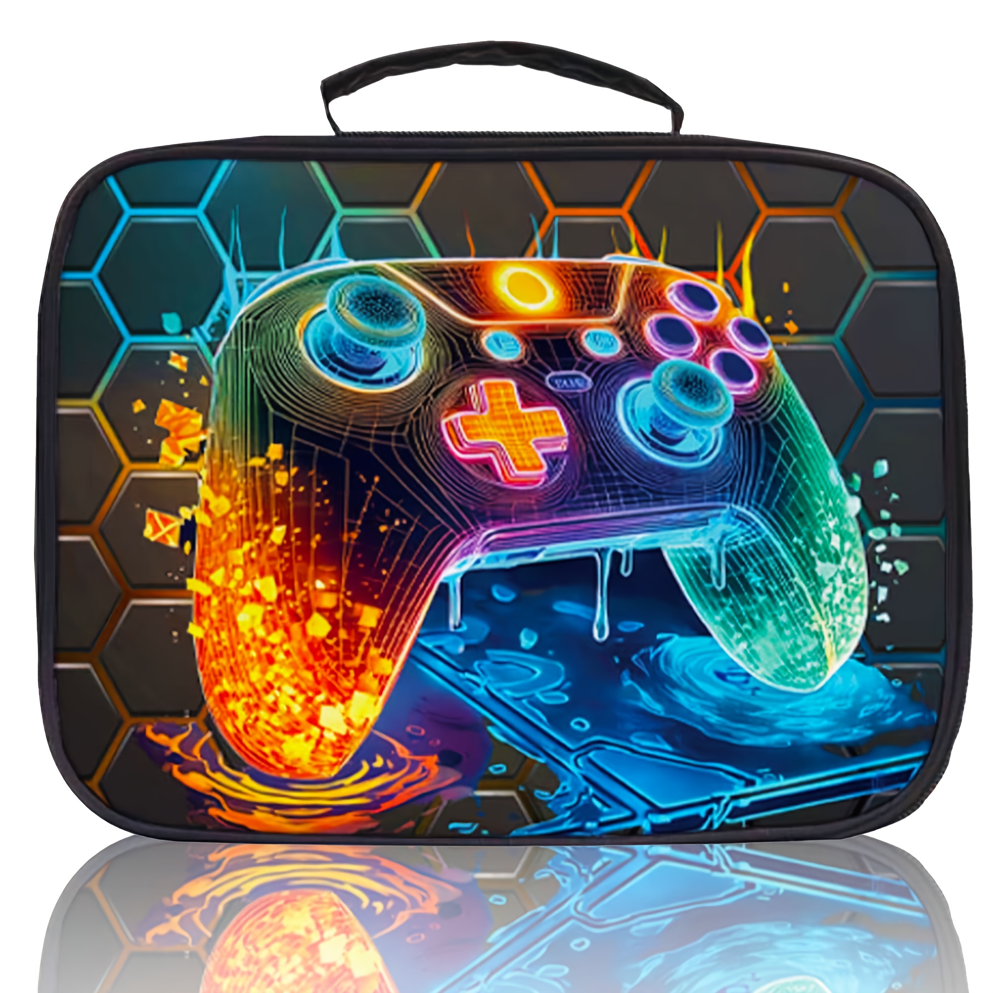 TEMU New Cool Colorful Neon Game Console Pattern Insulated Lunch Bag, Portable Black Lunch Tote. Not For Food Contact [printed Design-not Textured],