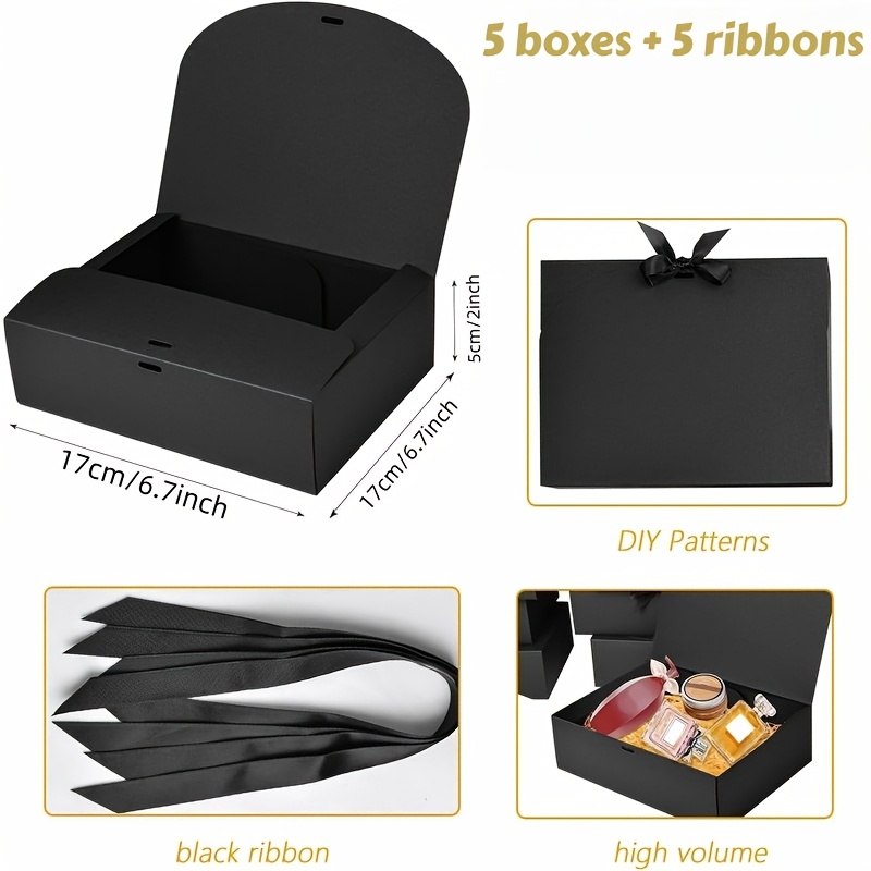 E-shop 10 Stücke Elegantes Schwarzes Geschenkbox-Set mit Schleife – 5 Boxen + 5 Schwarze Schleifen – für Hochzeiten, Heiratsanträge, Geburtstage &