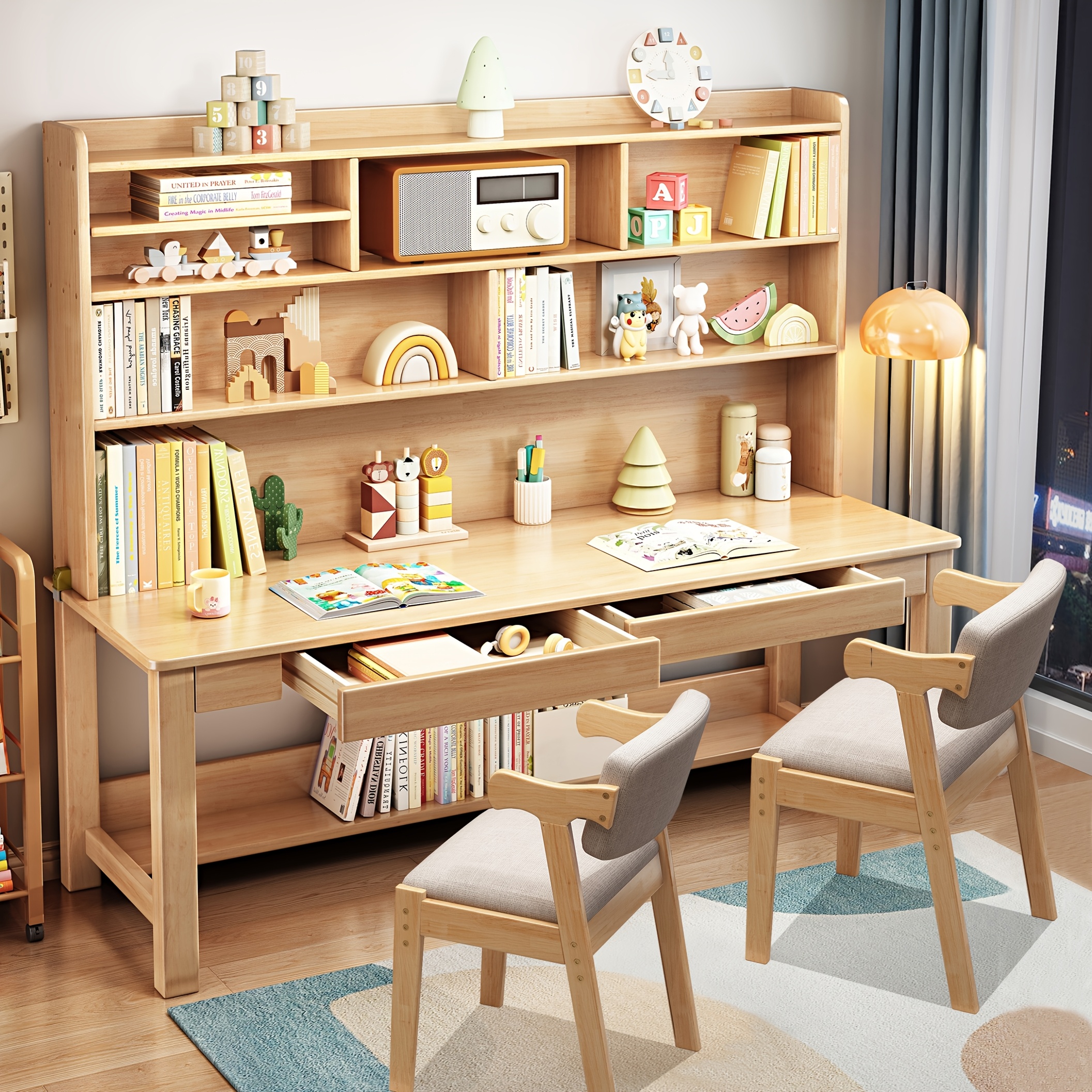 63 modern solid wood desk with built in bookshelf 2 chairs space saving writing desk shelf combo suitable for small apartments dorm rooms study desk assembly Product details 1