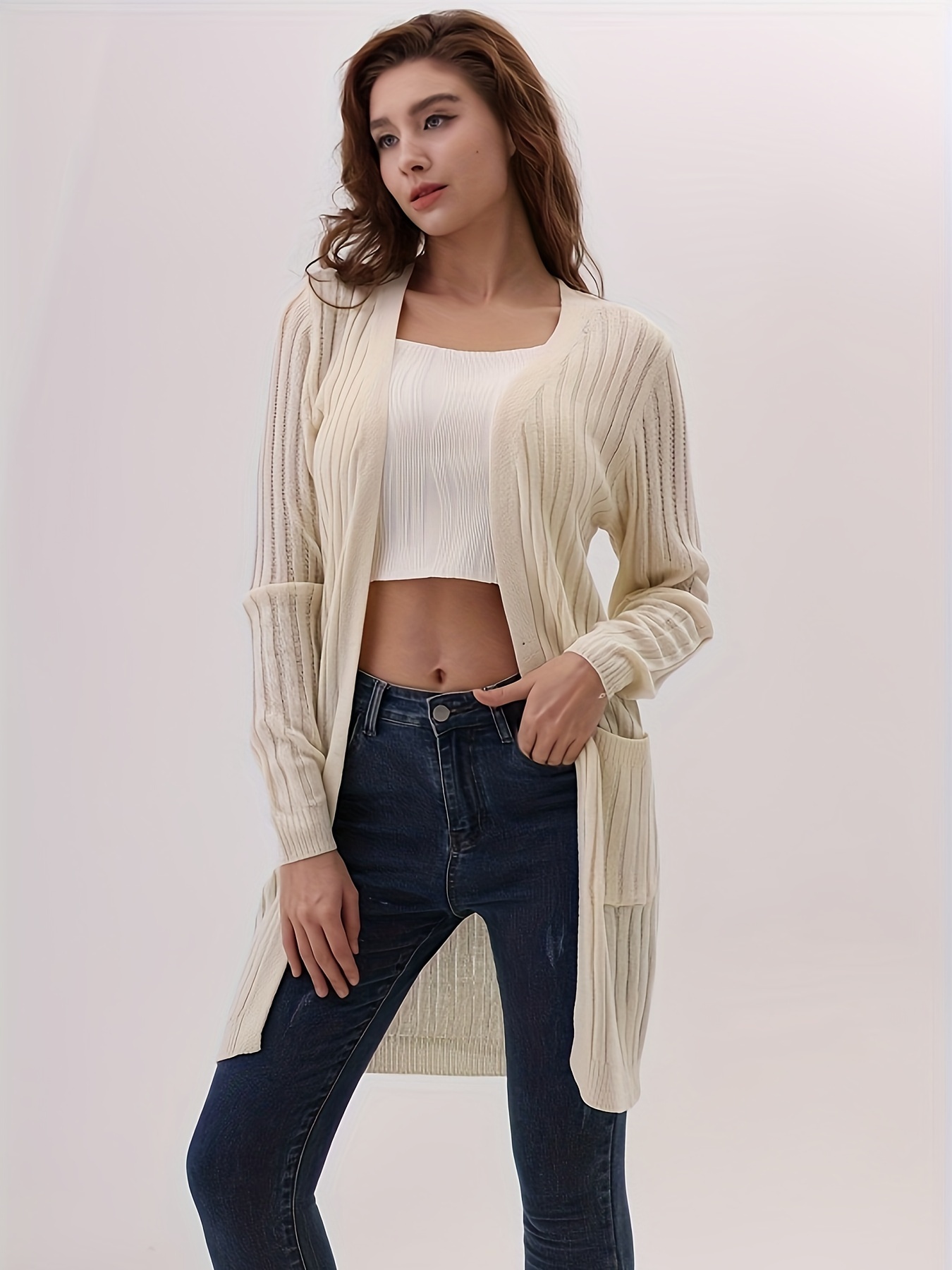 solid open front rib knit cardigan elegant long sleeve sweater with pocket womens clothing