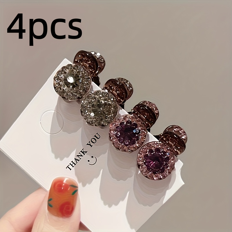 4pcs Shiny Rhinestone Mini Hair Claw Clips - Cute Sweet Round Bangs, Flyaways And Side Hair - Additions