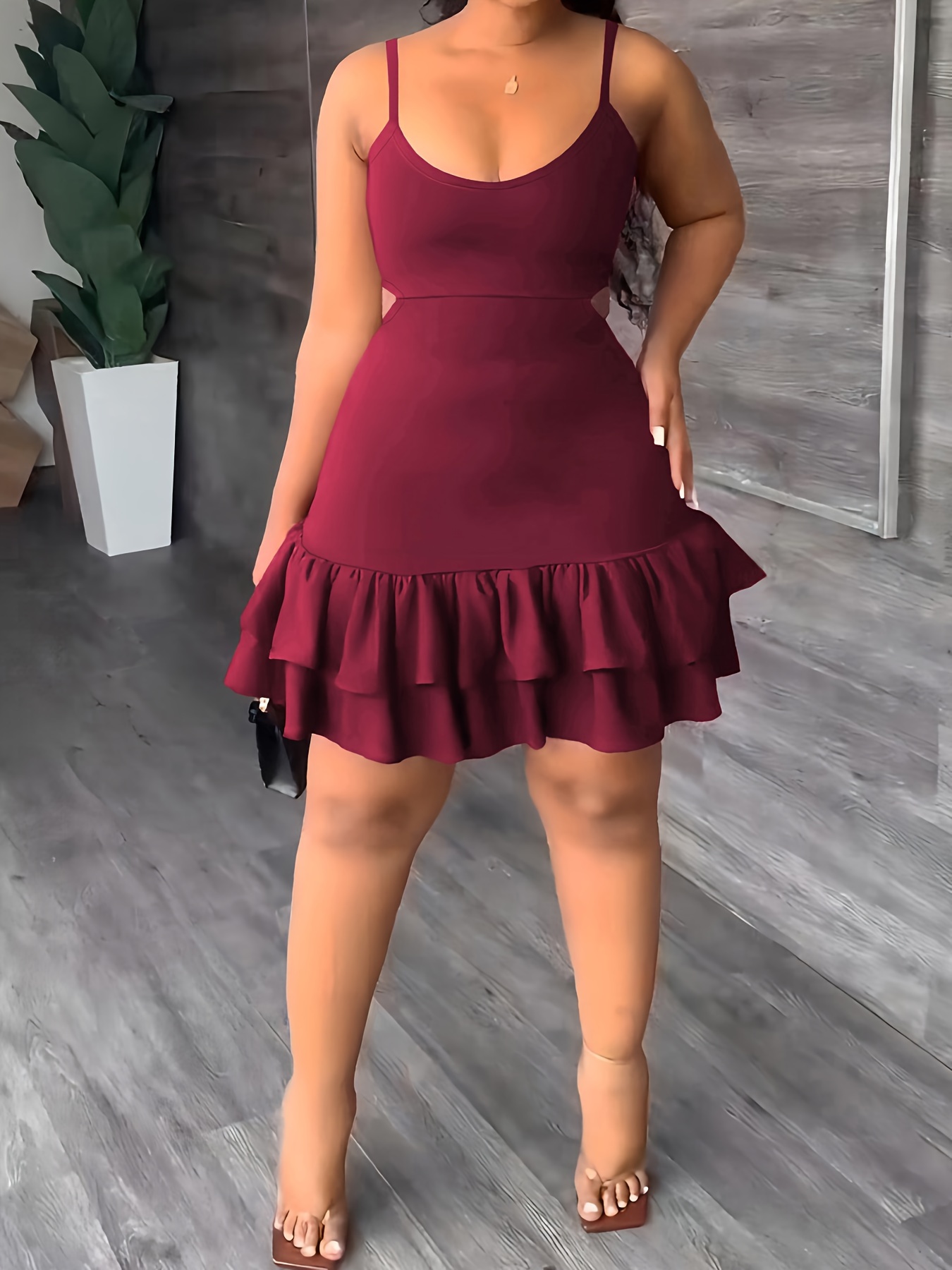Layered Ruffle Hem Dress * Spaghetti Strap Cut Out Dress, Women's Clothing