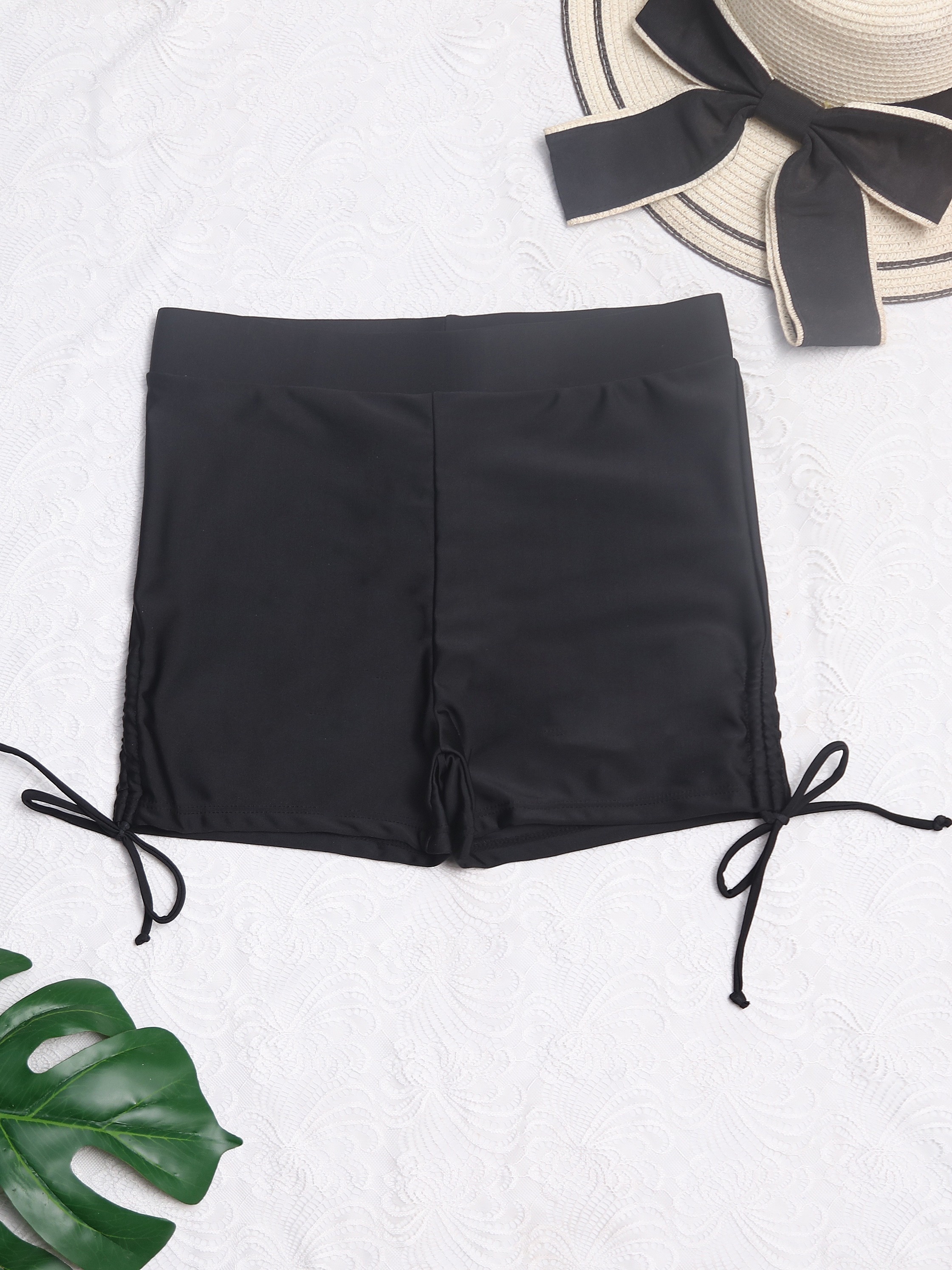 High-Waist Ruched Women's Swim Shorts - Sleek Black, Anti-Slip, Tummy Control with Faux Drawstring Detail, Stretchy Polyester/Elastane Blend, Machine Washable