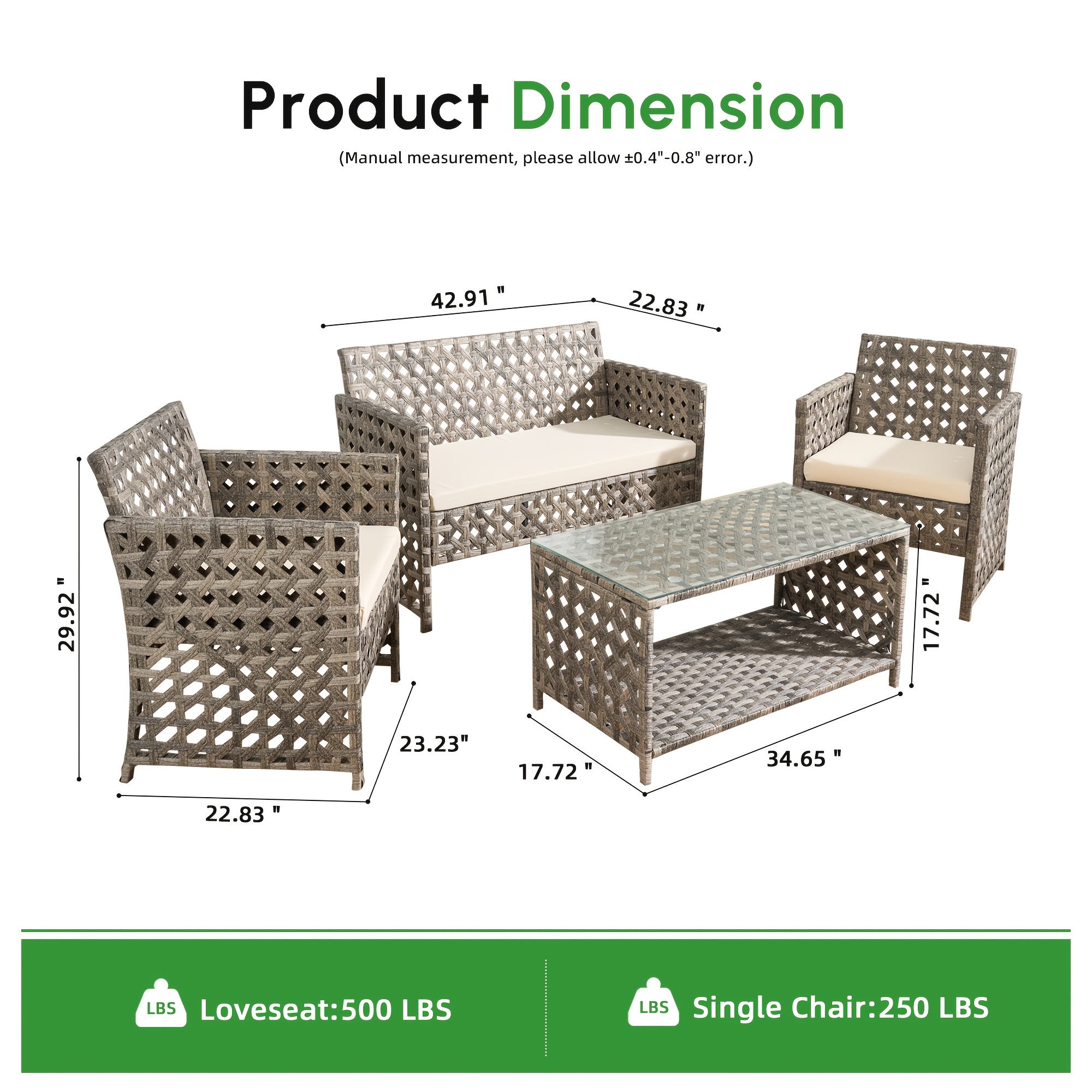 4pcs Outdoor Seating Arrangement, Durable Grey Rattan Garden Furniture Collection, Wicker Sofa with Chairs And Coffee Table, High-Back Rattan Loveseat with Comfortable Cushions for Patio, Available in 3 Fabric Color Choices