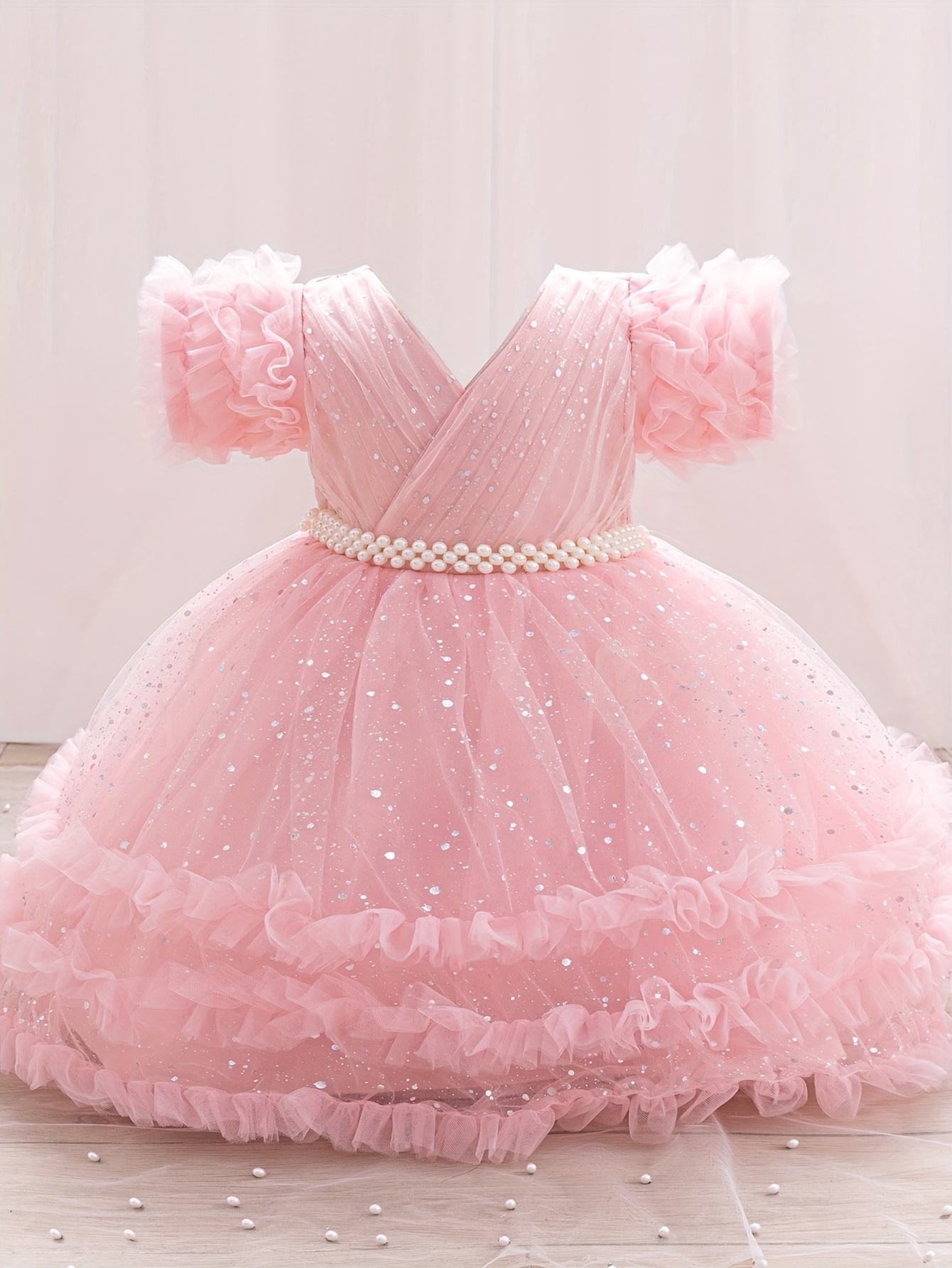 open lace back dress First Communion Dresses Pink Satin Dress Baby Girl Princess Dress