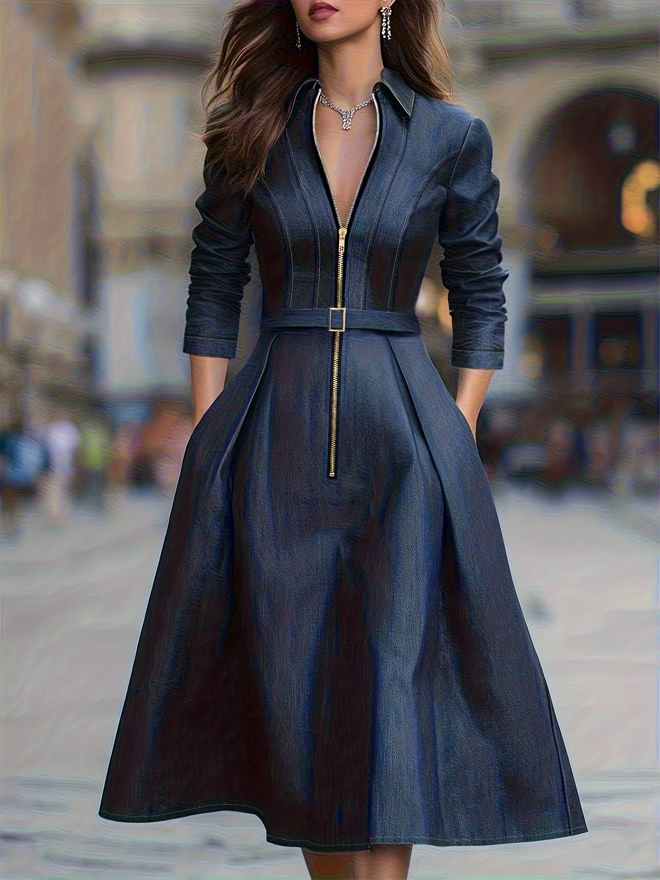 slim fit dress slacks Phoenix Long Sleeve Mini Dress - Denim main image 1