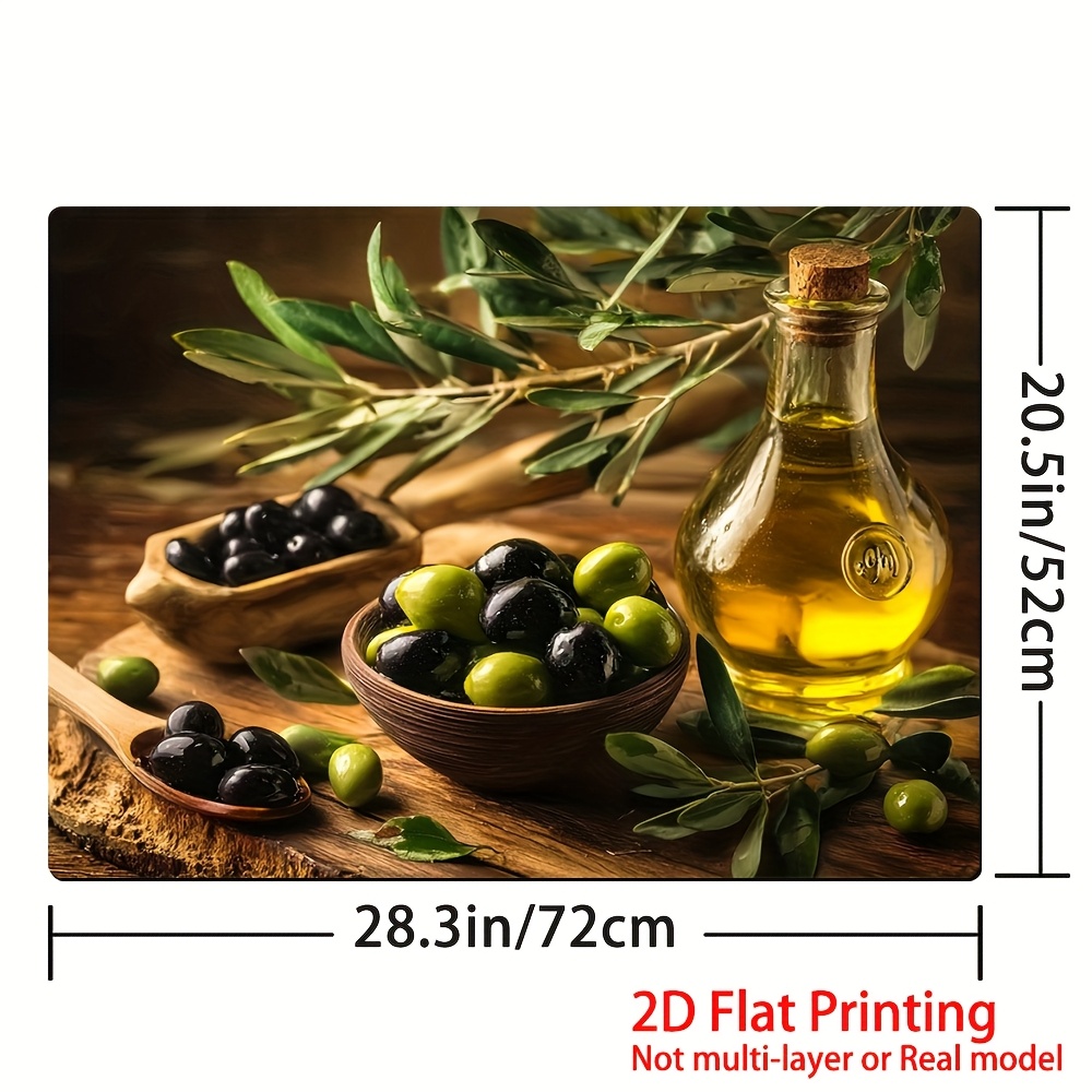 TEMU 1 tapis de protection de cuisinière à impression plate 2D avec un arrangement d'olives et d'huile d'olive. Il coupé sur mesure, de couche