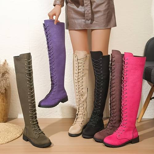 womens lace up over the knee boots solid color thigh high long boots side zipper block heel tall riding boots fashion outfit footwear women shoes