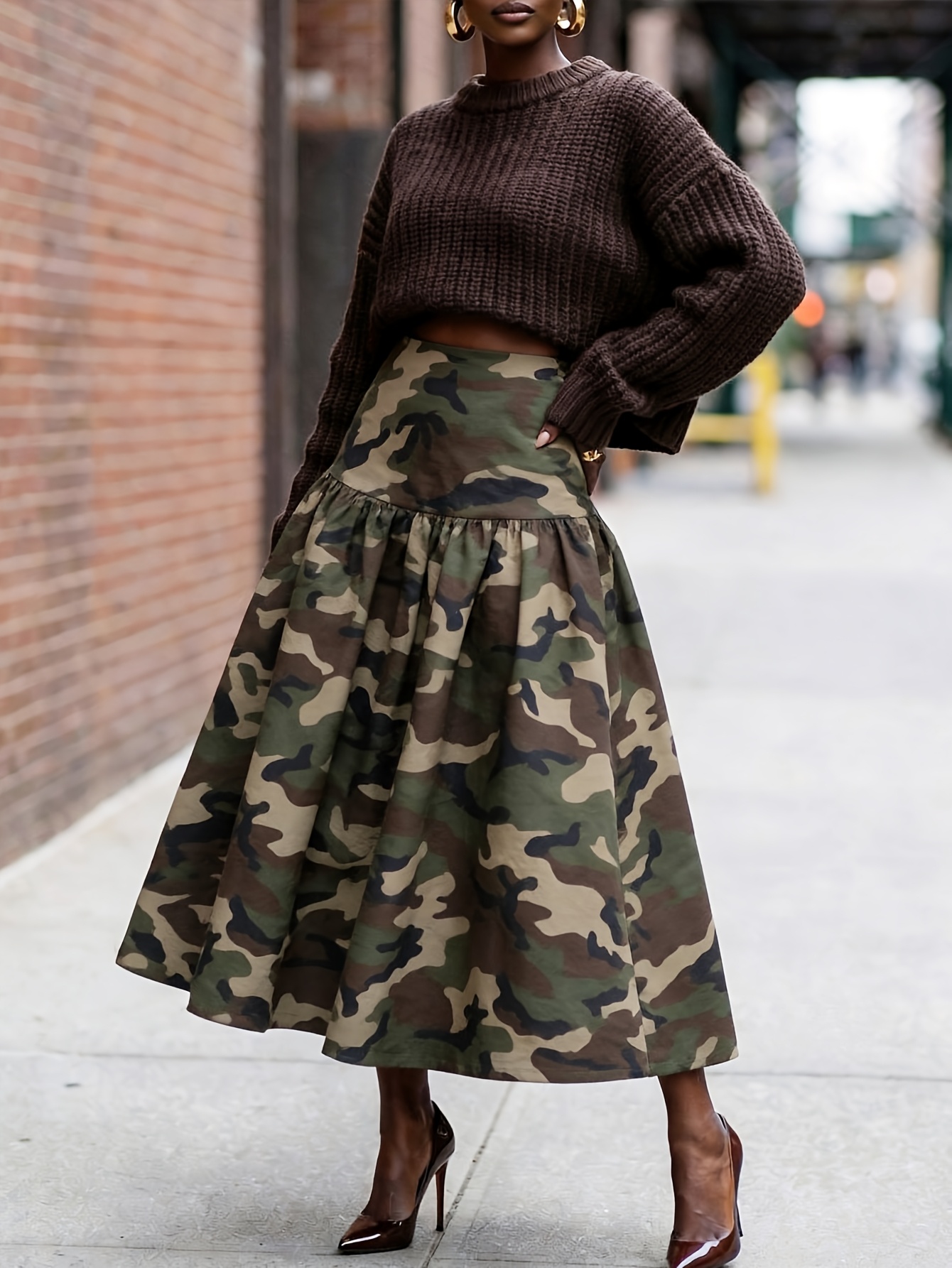 Camouflage Printed Camo Skirt Knee Length White Grey Camo Skirt