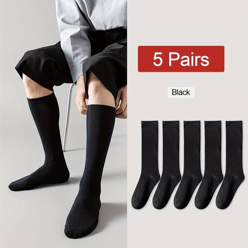 5 pairs of mens knee high socks suitable for business in solid colors like black white blue and gray breathable and soft socks are cozy and any season
