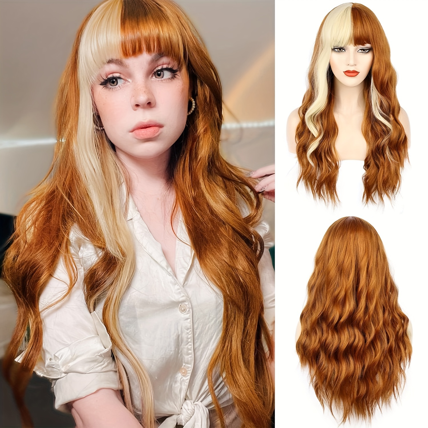 

Orange Wig With Bangs Long Orange Wavy Wigs For Women Orange And Blonde Wig Synthetic Heat Resistant Wave Wig For Daily Party Cosplay Use (26inch)