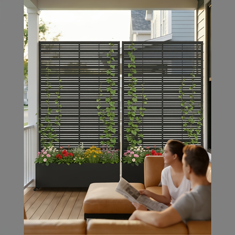 Privacy Fence with Planting Boxes Encrypted Metal Mesh Privacy Screen Black/Wood Grain Weather-Resistant Outdoor Fence Panels Ideal for Backyard Patios, Gardens, And Balconies Safety Barrier Protective Cover Create Outdoor Living Spaces And Decor